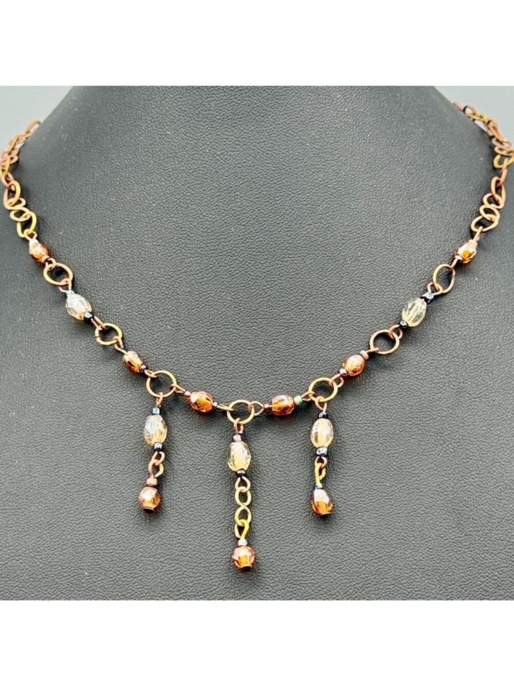 Vintage Choker Necklace Glass Beads Copper Chain Drop Elegant Bohemian Coquette - Picture 2 of 10